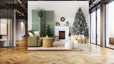 Interior of modern living room with fireplace decorated for Christmas Wall mural