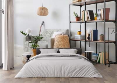 Interior of modern living room with shelf unit and sofa Wall mural