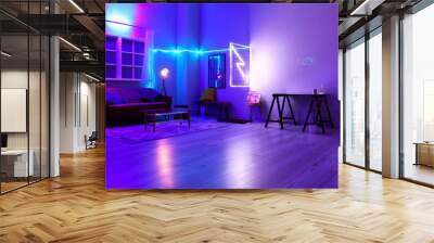 Interior of stylish living room with neon lighting Wall mural