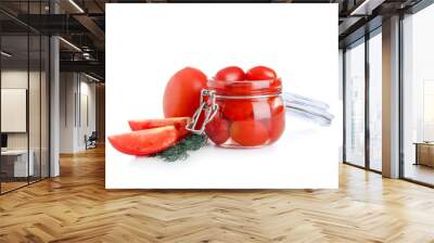 Jar of pickled tomatoes and dill on white background Wall mural