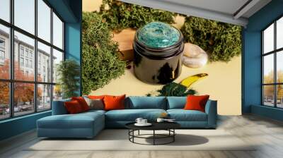 Jar of spirulina facial mask and powder on color background Wall mural