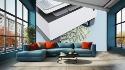 Laser printer with dollar banknotes on light background, closeup Wall mural