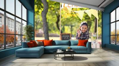 Little African-American boy at lemonade stand in park Wall mural