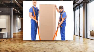 Loaders using cargo belts for carrying big box on white background Wall mural