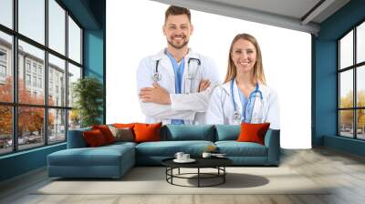 Male and female doctors on white background Wall mural