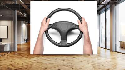 Man holding steering wheel on white background Wall mural