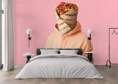 Man with tasty burrito instead of his head on pink background Wall mural