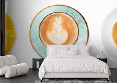 Many cups of hot coffee isolated on white, top view Wall mural