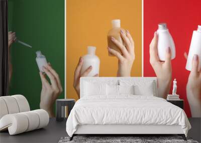 Many female hands with different cosmetic products in bottles on color background Wall mural