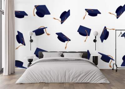 Many graduation hats on white background Wall mural