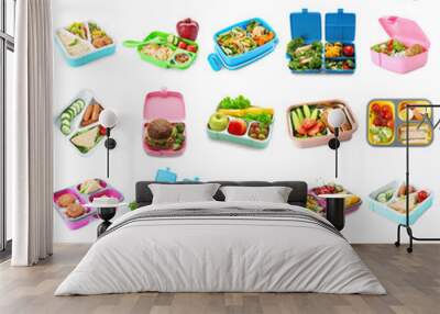 Many lunch boxes with tasty food on white background Wall mural