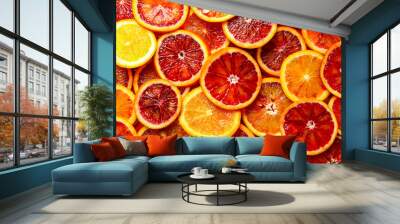 Many slices of juicy blood orange fruits as background Wall mural