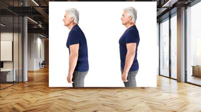 Mature man with poor and good posture on white background Wall mural