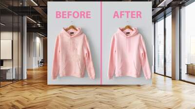 Modern hoodie before and after dry-cleaning on grey background Wall mural