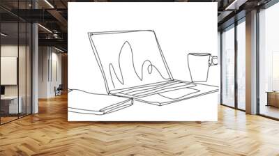 Modern laptop with notebook and cup on white background Wall mural