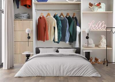 Modern wardrobe with stylish winter clothes and accessories Wall mural