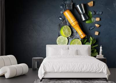 Mortar, measure cup and ingredients for preparing mojito on dark background Wall mural