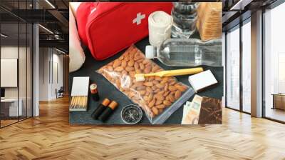 Necessities for emergency bag on dark table, closeup Wall mural