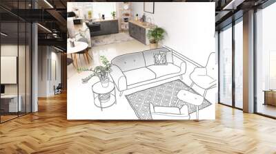 New interior of stylish studio apartment with comfortable furniture Wall mural