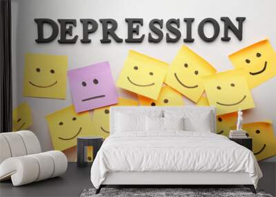 One sticky note with drawn neutral face among happy ones on light background. Concept of depression Wall mural