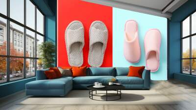 Pair of soft slippers on color background Wall mural