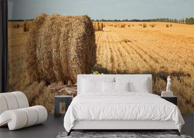 Picnic on wheat field near haystack Wall mural