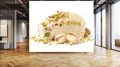 Piece of tasty Tahini halva with pistachios on white background Wall mural