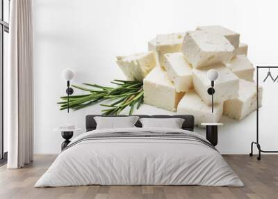 Pieces of tasty feta cheese on white background Wall mural