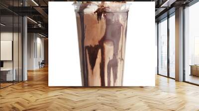 Plastic cup of tasty cold coffee with chocolate on white background Wall mural