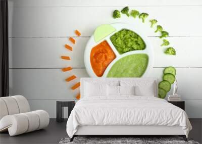 Plate with different healthy baby food on white wooden table Wall mural