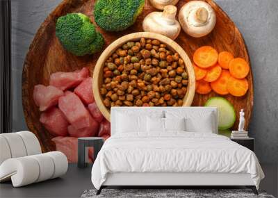 Plate with dry pet food, raw meat and natural products on color wooden background Wall mural