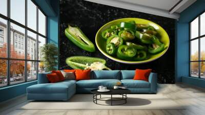 Plate with slices of green jalapeno peppers on dark background Wall mural