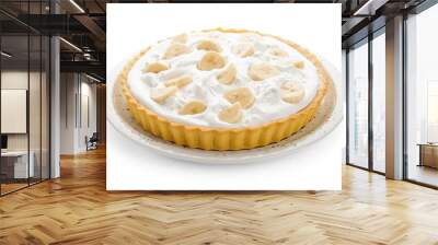 Plate with tasty banana pie on white background Wall mural