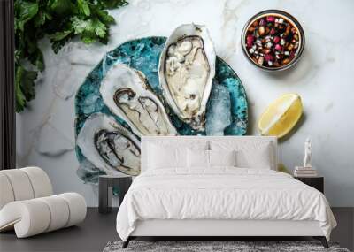 plate with tasty cold oysters on light table Wall mural