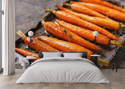 Plate with tasty cooked carrot on table, closeup Wall mural