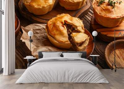 Plate with tasty meat pot pies on wooden background Wall mural