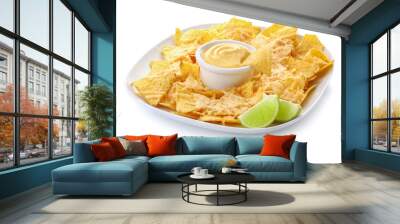 Plate with tasty nachos and sauce on white background Wall mural