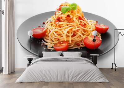 Plate with tasty pasta and tomato sauce on white background Wall mural