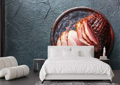 Plate with tasty smoked ham on dark background Wall mural