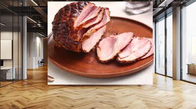 Plate with tasty smoked ham on white background Wall mural