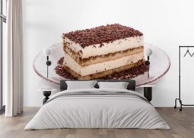 Plate with tasty tiramisu on white background Wall mural