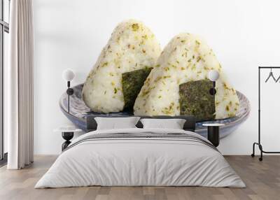 Plate with traditional Japanese onigiri on white background Wall mural