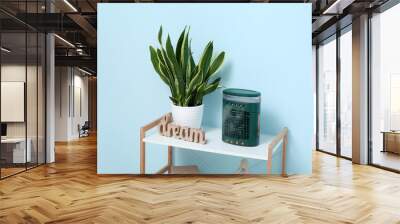 Portable table fan with humidifier on shelving unit near blue wall, closeup Wall mural