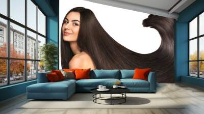 Portrait of beautiful young woman with healthy long hair on white background Wall mural