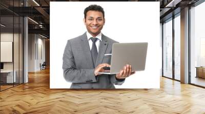 Portrait of handsome businessman with laptop on white background Wall mural