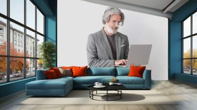 Portrait of senior businessman with laptop on grey background Wall mural