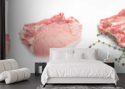 Raw pork meat with spices and herbs on white background Wall mural