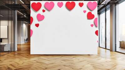 Romantic composition with red and pink paper hearts on white background. St. Valentine's Day. Wall mural