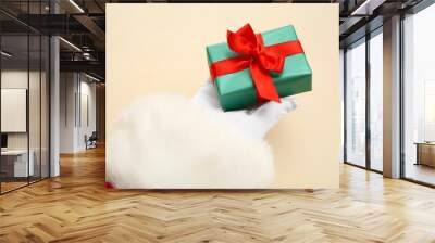 Santa Claus with green gift box on beige background Wall mural