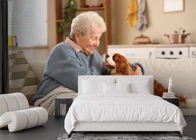 Senior woman with cute cavalier King Charles spaniel dog and blanket sitting on sofa at home Wall mural